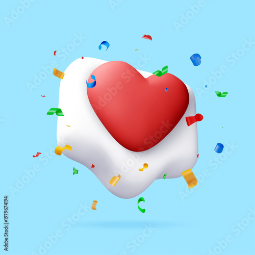 3D Red heart icon inside white bubble with colorful falling confetti. Social media notification like button. Celebration of love, passion and digital interaction for valentine day. Vector illustration