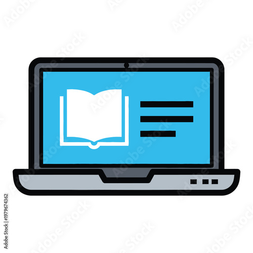 Laptop computer with book icon on screen isolated on white background icon
