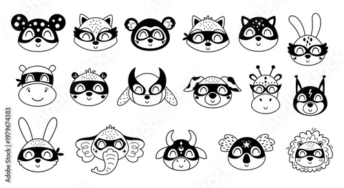 Cute Superhero Animals Faces Doodle Clipart Set. Super Hero Characters Images in Black Color. Kids Hand Drawn Vector Illustrations.