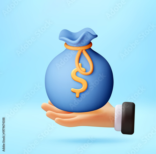 Hand holding a 3D blue money bag with a golden dollar sign. Financial savings concept depicted as a cartoon icon. Banking, investing and wealth management. Vector illustration