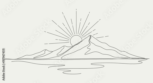 Minimalist Sunrise Over Mountain Range with Water Reflection Line Art