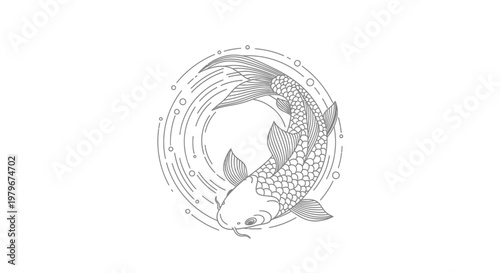 Elegant Koi Fish Swimming in Circular Water Ripple, Minimalist Line Art