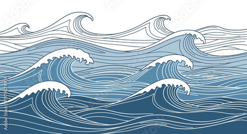 Stylized Ocean Waves Illustration, Blue Swirling Sea, Dynamic Water Patterns