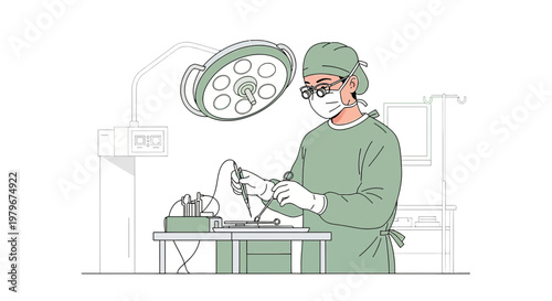 Surgeon in Operating Room Performing Procedure Under Surgical Lamp