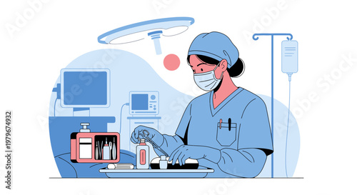 Surgeon in Operating Room Preparing for Procedure, Medical Equipment and IV Drip