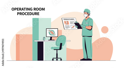 Surgeon in Operating Room Preparing for Procedure with Medical Chart and Monitor