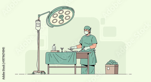 Surgeon in Operating Room Preparing for Surgery with Medical Equipment and IV Drip