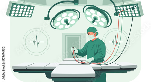 Surgeon in Operating Room Preparing for Surgery with Medical Equipment and Monitors