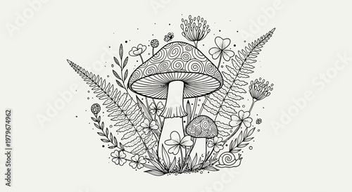 Whimsical Mushroom Garden Sketch - Hand-drawn Forest Fungi and Ferns