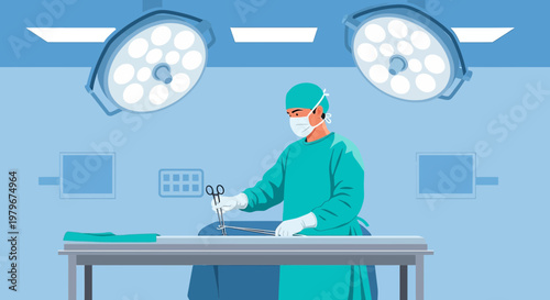 Surgeon in Operating Room Preparing for Surgery with Surgical Instruments