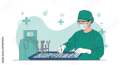 Surgeon in Operating Room Preparing Surgical Instruments for Operation