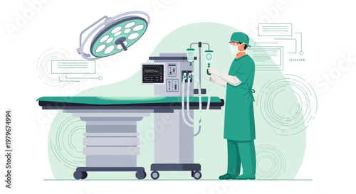 Surgeon in Operating Room with Anesthesia Machine and Surgical Table