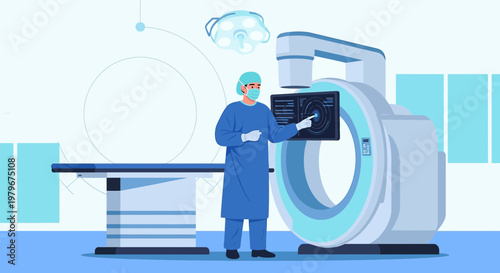 Surgeon in Operating Room with MRI Scanner and Patient Table