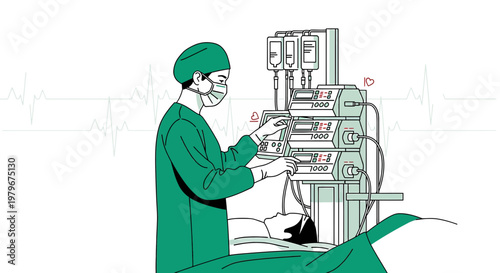 Surgeon in OR monitoring patient and equipment, medical technology, healthcare concept