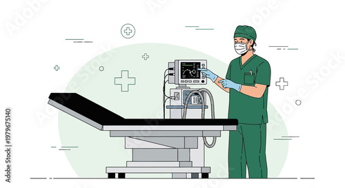 Surgeon in OR preparing medical equipment next to operating table and monitor