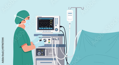 Surgeon in Operating Room with Medical Equipment, Patient Under Anesthesia