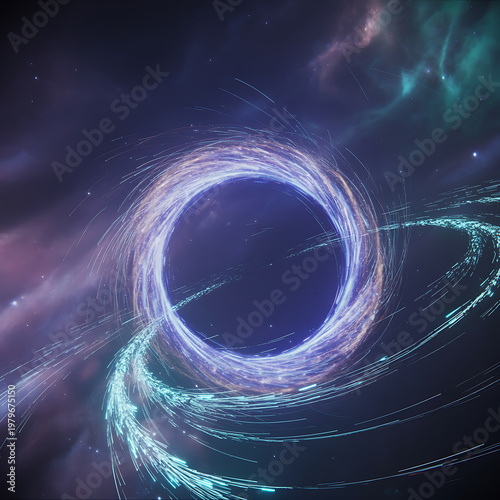 Abstract space black hole event horizon glowing light particles cosmic phenomenon universe background.