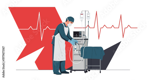 Surgeon in OR with Medical Equipment and Heartbeat Monitor