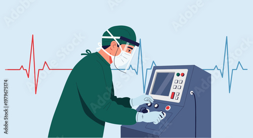 Surgeon in protective gear operating medical equipment with heart monitor lines