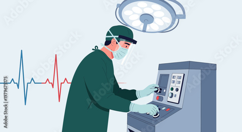 Surgeon in protective gear operating complex medical equipment in operating room with EKG