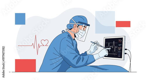 Surgeon in protective gear monitors patient vitals on screen in modern operating room