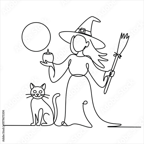 Continuous line of a witch with a broom, cat, and moon
