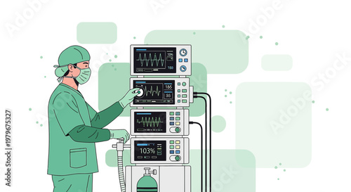 Surgeon in scrubs monitors patient vitals on stack of medical equipment in operating room