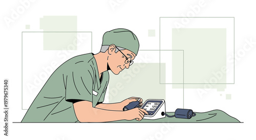 Surgeon in scrubs monitors vital signs on a digital device in a modern operating room.