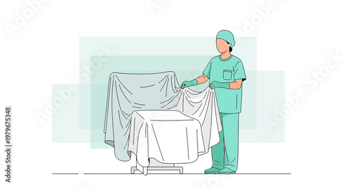Surgeon in scrubs preparing operating table with sterile drape in modern operating room