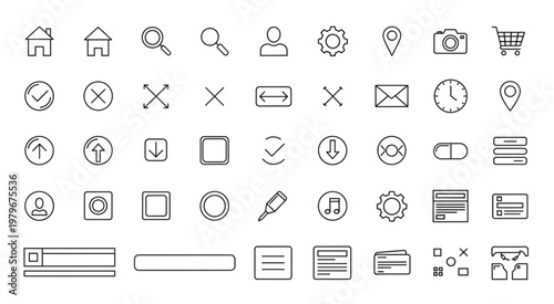 Collection of various outline icons for web design and user interface elements.