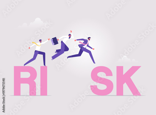 Take risk for opportunity to success concept, risky decision, determination or courage to overcome challenge, business team jumping over risk word, overcoming obstacles and finding success