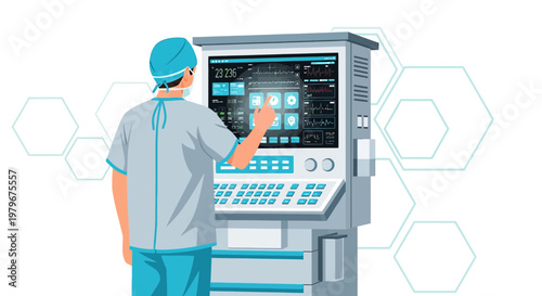 Surgeon Interacting with Advanced Medical Monitor in Operating Room