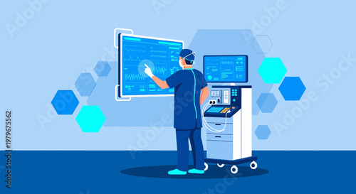 Surgeon Interacting With Futuristic Medical Display and Ventilator in Modern Operating Room