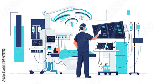 Surgeon Monitoring Patient Vitals on Screens in Modern Operating Room