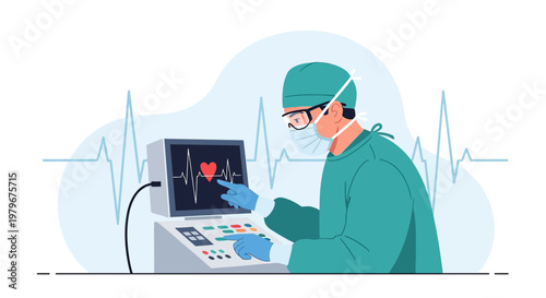 Surgeon Monitoring Vital Signs on ECG Machine in Operating Room