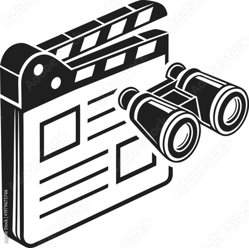 Film clapperboard, script, binoculars, movie making, filmmaking tools, cinema equipment, vector icons