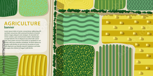 Agriculture field pattern banner, aerial view. Countryside grassland, farm land from top. Geometric farmland patches, padded mosaic country background, natural patchwork texture