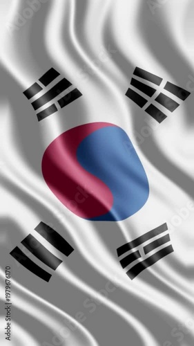 Wavy white silk fabric featuring the South Korea flag with realistic folds and shadow details.