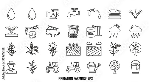 Collection of irrigation and farming related line art icons and symbols.