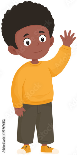 Cartoon black child waving wearing yellow clothes vector illustration