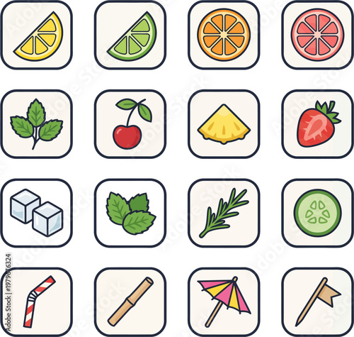 Colorful icons of fruits and objects for summer party decoration