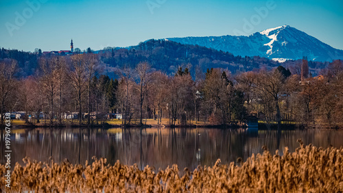 Alpine winter view near Waging am See, Lake Waginger See, Traunstein, Bavaria, Germany