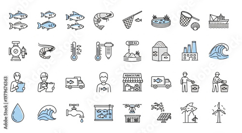 Collection of various fishing and marine life related icons and symbols.