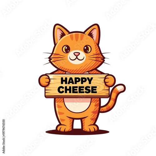 A cute cartoon orange tabby cat holding a wooden sign that says "Happy Cheese".