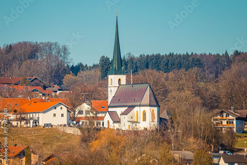Church on a sunny winter day seen from near Waging am See, Lake Waginger See, Traunstein, Bavaria, Germany
