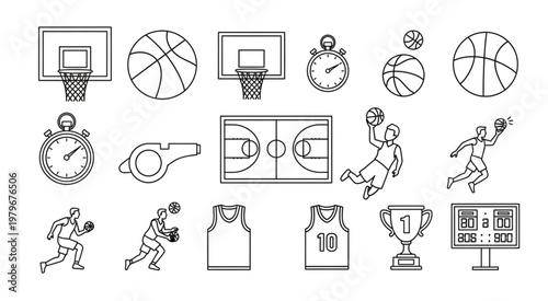 Basketball equipment and players in action, sports and recreation theme.