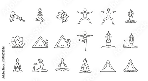 Yoga poses and lotus flowers in a minimalist line art style.