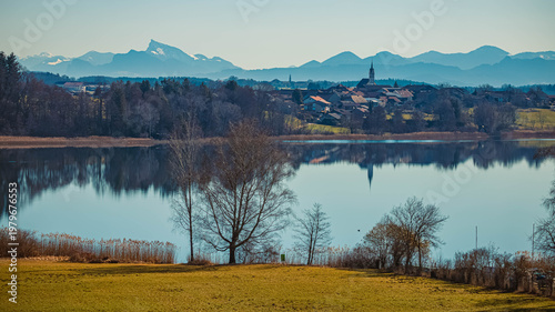Alpine winter view with Mount Schafberg in the distance seen from near Waging am See, Lake Waginger See, Traunstein, Bavaria, Germany