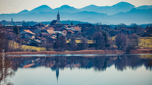 Alpine winter view with a church near Waging am See, Lake Waginger See, Traunstein, Bavaria, Germany