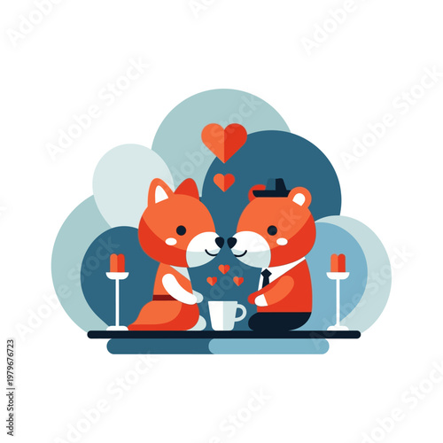 Cute cartoon fox and bear couple sharing a romantic moment over coffee with hearts floating above them.